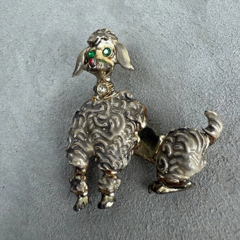Vintage 50s Silver Tone Poodle Brooch w/ Enamel & Green Rhinestone Eyes